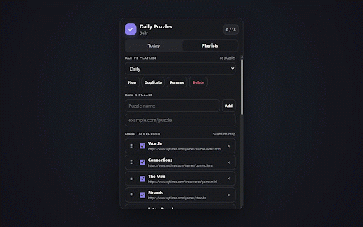 Daily Puzzle Launcher :: Move through your daily puzzles in one tab with a clean queue, skip controls, and custom playlists.