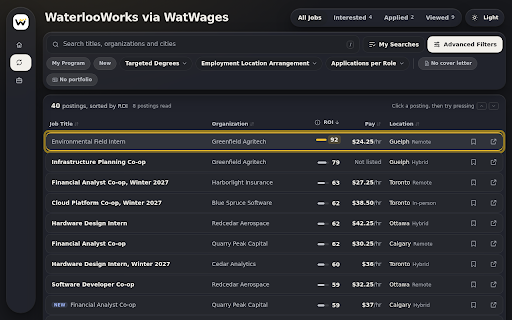 WatWages :: Puts the pay and applicants per opening for every WaterlooWorks posting on one sortable page. Not affiliated with UWaterloo.