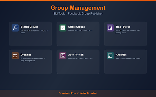 SM Tools - Facebook Group Publisher :: Schedule posts, manage accounts, publish to Facebook groups & run comment campaigns. No password storage.