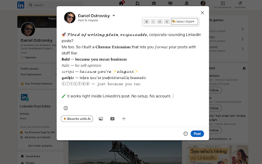 LinkedIn Post Formatter :: Add styling (bold, italic, script, etc.) to your LinkedIn posts with a simple toolbar and keyboard shortcuts.