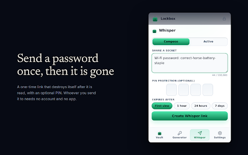 Lockbox - Password Vault :: Password manager with 2FA codes, secure notes, and self-destructing sharing. Optional end-to-end encrypted sync. No subscription.