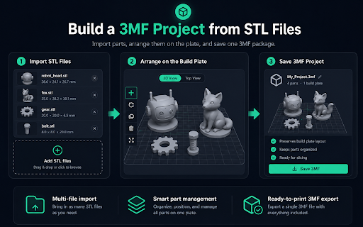 STL to 3MF Converter :: Combine stl files or merge stl files into one multi-part 3mf. This stl to 3mf converter colors each part for 3d printing.
