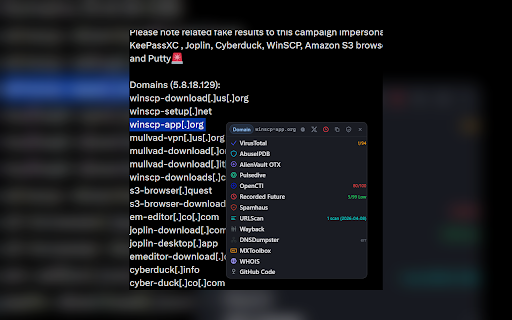 ThreatCheck :: Select any IOC on any web page to look it up across 29 threat intel platforms. Bulk extraction. API enrichment.