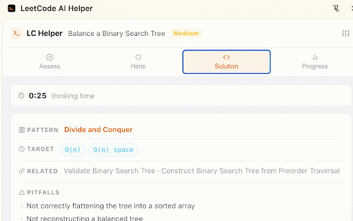 LeetCode AI Coach :: AI-powered LeetCode assistant: code assessment, progressive hints, optimal solutions, and personalized study recommendations.