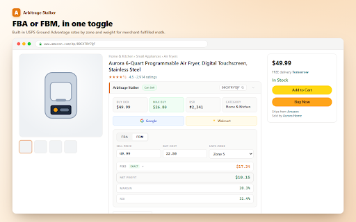 Arbitrage Stalker :: One-click AI buy verdicts on any Amazon product page, profit calc + SatScore saturation analysis, and stalk any storefront.