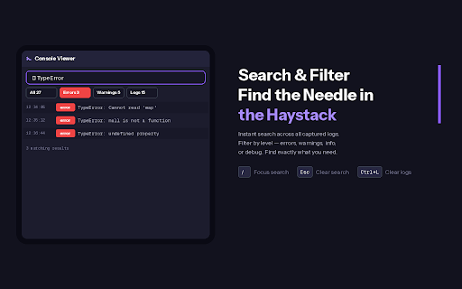 Console Viewer :: Never miss a console log again. Record, search, and filter console output even when DevTools is closed.