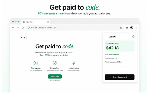 ads by aibc - earn whilst you browse :: AIBC side panel — sign in to view earnings, request payouts, and open your developer dashboard at aibcmedia.com.