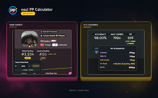 osu! PP Calculator — 2026 Rework :: Calculates local mod and accuracy PP tables for osu!standard, osu!taiko, osu!catch, and osu!mania using the July 3, 2026 PP system.