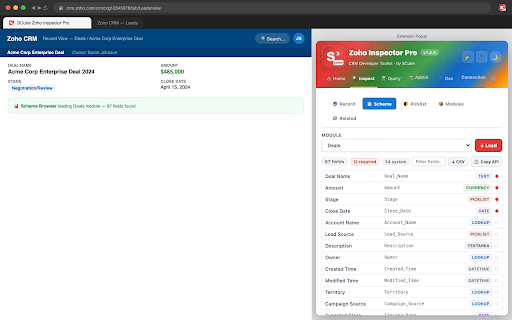 SCube Zoho Inspector Pro :: The developer toolkit for Zoho CRM. Inspect fields, run COQL queries, browse schema, and manage records — all without leaving Zoho.