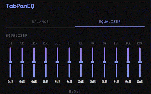 TabPanEQ :: Per-tab control over stereo audio panning (left/right balance), volume, and frequency band adjustment.