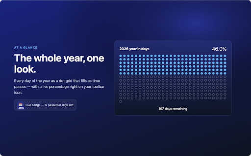 Year Progress :: Quarter, half-year and year progress with goals, a color day checklist, notes and a life-in-weeks view — plus a live toolbar badge.