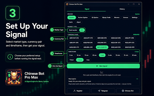 Chinese Bot Pro Max :: AI CALL/PUT signals analysis for binary options across every major broker on Real & OTC market.