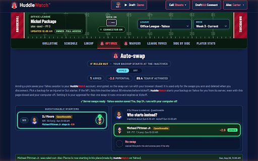 HuddleWatch Connector :: Connect ESPN, Yahoo and Sleeper to HuddleWatch: draft rooms, lineups, waiver claims and AutoSwap for a starter ruled out.