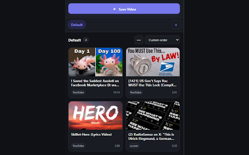 Simple Video Saver :: Save video links and metadata across platforms in multiple local bookmark lists.