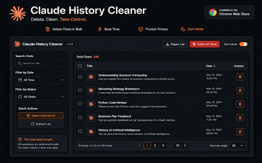 Claude History Cleaner — Bulk Delete Chats :: Bulk delete Claude.ai history in seconds. Select all, filter by date, search by keyword, clear Claude conversations with one click.