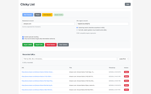 Clicky List :: Keep a concise list of URLs browsed in a session for export and analysis
