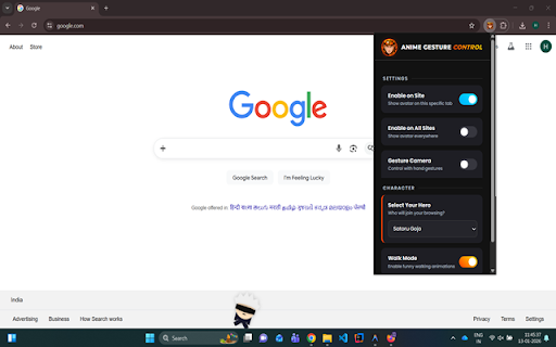 Anime Gesture Control & Avatar :: Control Chrome tabs with gestures, featuring Anime Avatars (Naruto, Luffy, Gojo, Pikachu).