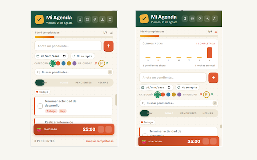Mi Agenda — Pendientes y Pomodoro :: Agenda de pendientes con categorías, prioridades, subtareas, pomodoro, racha, notificaciones y modo oscuro. Todo en tu navegador.