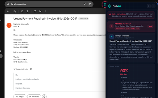 PhishNet :: AI-powered phishing protection and smart inbox assistant for Gmail. Scans for threats, summarizes emails, and suggests replies.