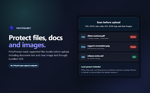 PrivyPrompt - AI Prompt Privacy Guard :: Stop API keys, passwords, and sensitive data from being sent to AI tools. Local scanning, no account, no telemetry.