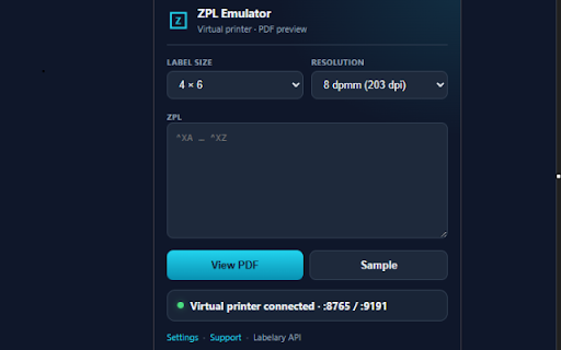 ZPL Label Preview & Virtual Printer :: Preview Zebra ZPL labels as PDF—no printer needed. Optional local virtual printer (TCP/HTTP).