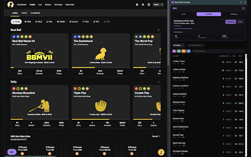 Best Ball Overlay :: Real-time portfolio-level intelligence for best ball drafters. Track shares and correlations across every lineup.