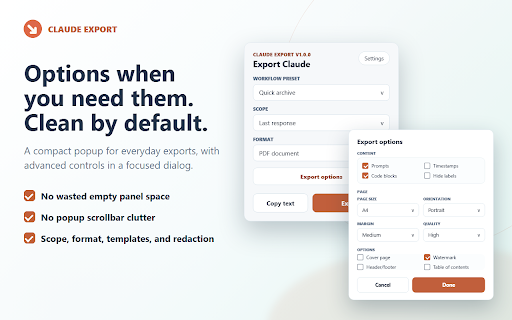 Claude Export to PDF, DOCX & Markdown :: Save Claude conversations as polished files or copy them to your clipboard. Exports are created locally in your browser.