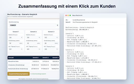 Baufinanzierung Vergleich – Rate & Restschuld :: Vergleiche bis zu 3 Baufinanzierungen nebeneinander: monatliche Rate, Zinskosten und Restschuld – plus Zusammenfassung für Kunden.