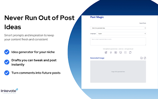 Linkevate - Tool for Consistent LinkedIn Engagement and Lead Generation :: A Chrome extension that generates authentic LinkedIn comments, posts, and DMs in your voice to save time and boost engagement.