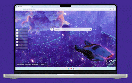 Neon City Live Wallpaper :: A futuristic hover car soars above a vast neon metropolis, bathed in purple and blue lights under the night sky.