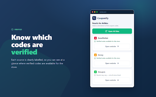 Couponify :: Couponify uses AI to scan the store you're visiting and surface trusted coupon sites that may have discounts or promo codes.