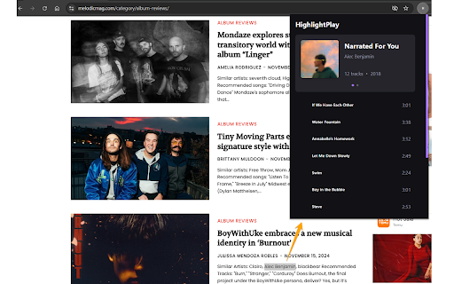 Highlight&Play :: Instantly preview music by highlighting album names. Select text, click, and listen to Deezer previews.
