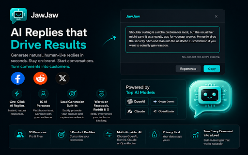 JawJaw - AI Replies for Facebook, Reddit & X :: AI-powered replies for social media. 10 personas, lead generation, multi-platform. Free & Pro.