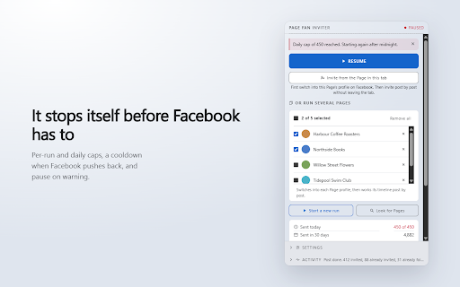 Page Fan Inviter - Invite Facebook™ Post Likers :: Invite post likers and fans to follow your Facebook Page. Reads every reaction, skips existing followers, paced.