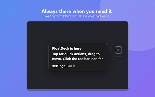 FloatDeck - Floating Button Menu & Quick Actions :: A draggable floating button that opens a radial menu of quick actions — screenshots, reading & dark mode, QR, copy, and more.
