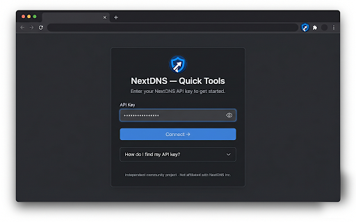 NextDNS — Quick Tools :: Manage your NextDNS DNS-filtering profile from the toolbar — allowlist, denylist, flush cache, logs, analytics & connection status.