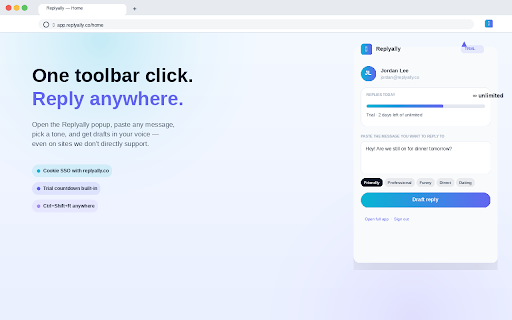 Replyally — AI Reply Assistant :: Draft smart, context-aware replies in your voice — directly inside Gmail, LinkedIn, X, WhatsApp Web, and Slack.