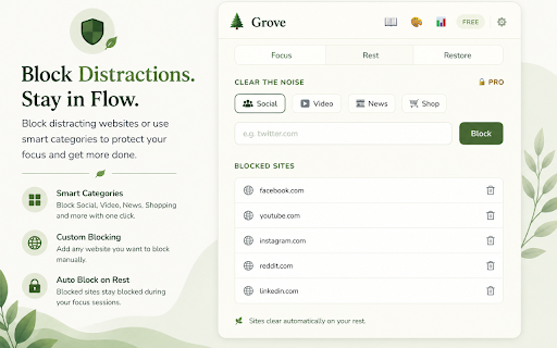 Grove – Pomodoro Timer & Website Blocker :: A calm, nature-themed Pomodoro timer with tasks, sound alerts, and website blocker to help you grow through focused work.