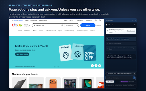 Privateer - Private AI :: Chat about the page you are on in a side panel, and let the Privateer agent act on it — approving each action, or unattended.