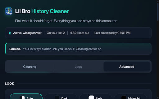 Lil Bro Wipe – History Cleaner :: Wipes the sites and words you pick out of your history: as you browse, or the next time you open the browser.
