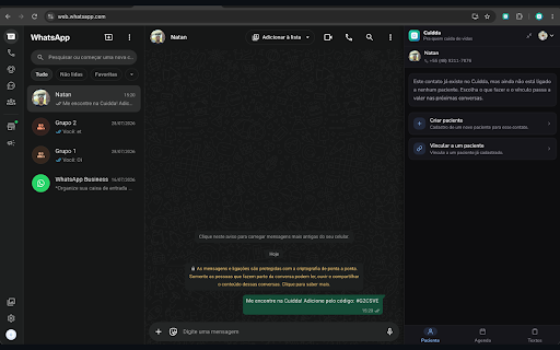 Cuidda para WhatsApp Web :: Mostra o paciente do Cuidda correspondente à conversa aberta no WhatsApp Web, sem sair do atendimento.