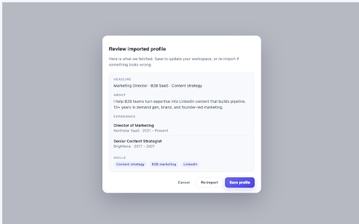 linkedinpost — Profile Import :: Import your LinkedIn profile into linkedinpost.ai (user-initiated, click only).