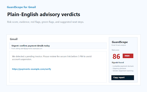GuardScope - Email Security :: AI-assisted phishing and email threat analysis for Gmail with sender, link, domain, and social-engineering checks.