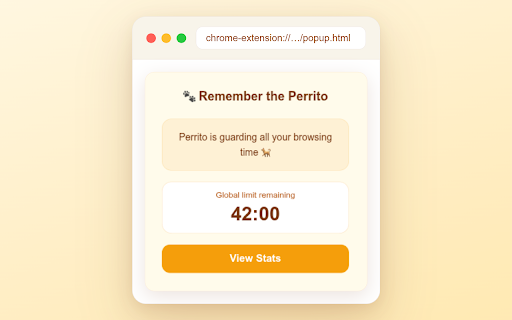 Remember the Perrito - Your puppy-powered break reminder :: Screen-time companion dog. Usage data is 100% local; an anonymous device ID and payment email are sent only for breed unlocks.