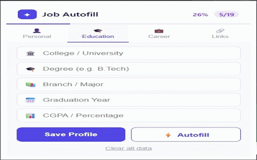 Job Autofill — Auto Fill LinkedIn & Naukri Forms :: Auto-fill job applications on LinkedIn, Naukri, Internshala, Indeed & Unstop. Save profile once, fill any form in one click.