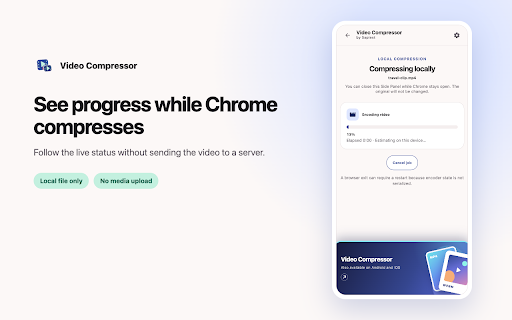 Video Compressor – Compress Video :: Compress video and MP4 files, reduce video size, choose a target file size, and keep everything local in Chrome.