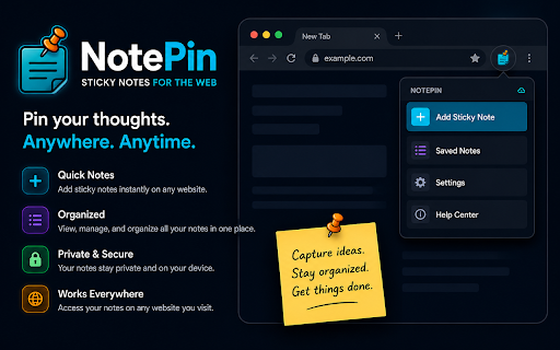 NotePin :: Pin sticky notes to any webpage. Anchor to elements, stay private, work offline.