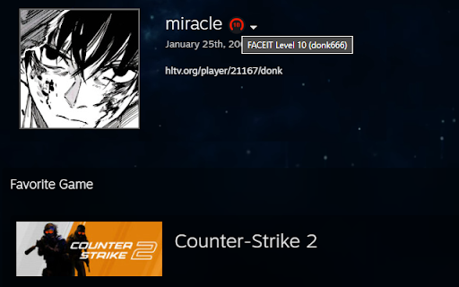 FACEIT Level for Steam :: Displays a user's FACEIT level and icon on their Steam profile. Simple, free and unaffiliated.