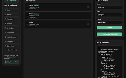 JSON Schema & GraphQL Form Builder :: Drag-and-drop form builder. Export and import as JSON Schema or GraphQL. No account, no data collected, fully offline.