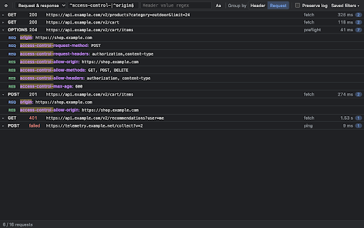 Header Grep :: Search and filter HTTP request and response headers with regular expressions in a dedicated Chrome DevTools panel.
